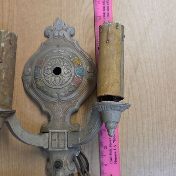 Set of 2 Art Deco Polychrome Aluminum Wall Sconces Double Candle 10" - Picture 11 of 13